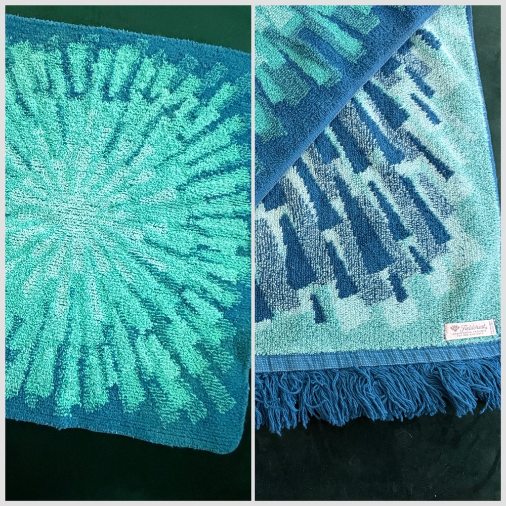 Vintage Fieldcrest Blue Green Sunburst Fringed Cotton Round Bath Beach Towel